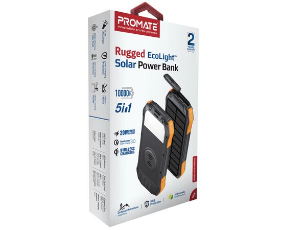 Батарея універсальна Promate 10000mAh PD/20W, QC/3/0, Solar, QI, IP65 (solartank-10pdqi.black), зображення 2