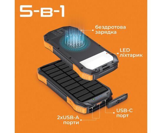 Батарея універсальна Promate 10000mAh PD/20W, QC/3/0, Solar, QI, IP65 (solartank-10pdqi.black), зображення 4