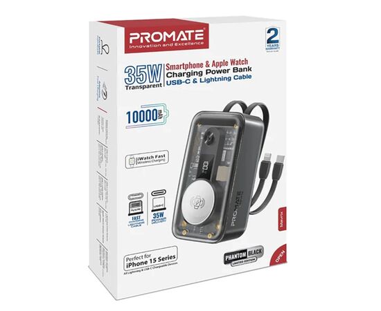 Батарея універсальна Promate 10000mAh PD/35W, iWatch charging (mavrix.black), зображення 2