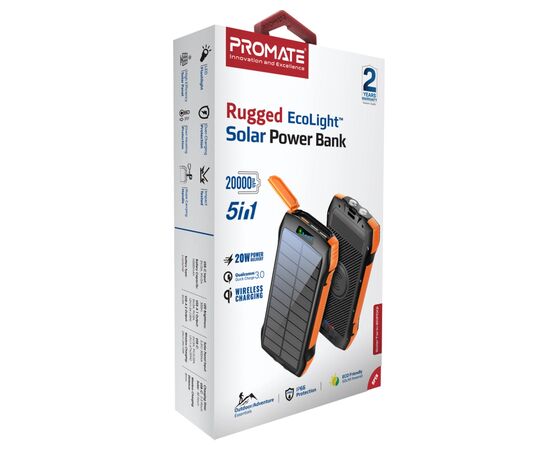 Батарея універсальна Promate 20000mAh PD/20W, QC/3/0, Solar, QI, IP65 (solartank-20pdqi.black), зображення 2