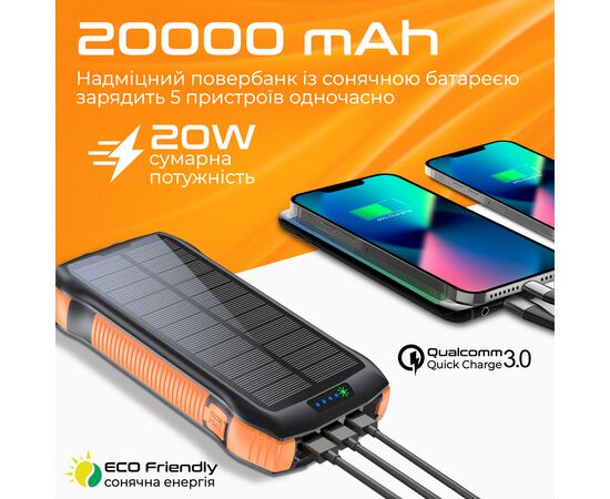 Батарея універсальна Promate 20000mAh PD/20W, QC/3/0, Solar, QI, IP65 (solartank-20pdqi.black), зображення 3