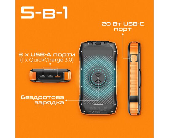 Батарея універсальна Promate 20000mAh PD/20W, QC/3/0, Solar, QI, IP65 (solartank-20pdqi.black), зображення 4