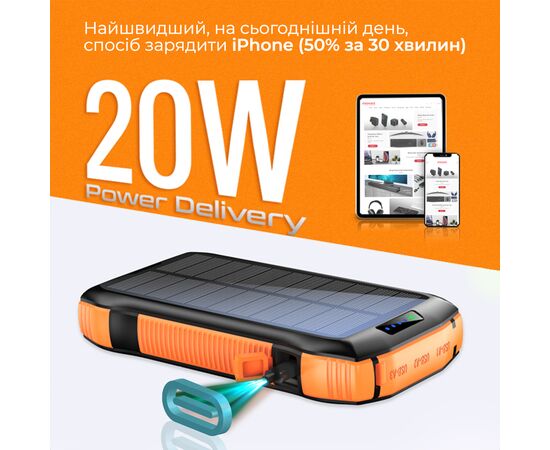 Батарея універсальна Promate 20000mAh PD/20W, QC/3/0, Solar, QI, IP65 (solartank-20pdqi.black), зображення 7