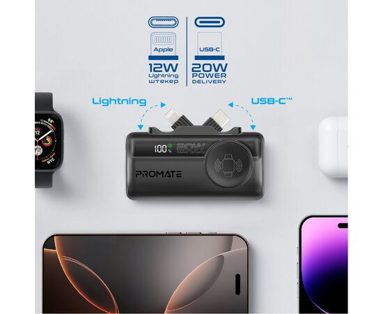 Батарея універсальна Promate 5000mAh PD/20W, Apple Watch charging (powerup-trio.black), зображення 4