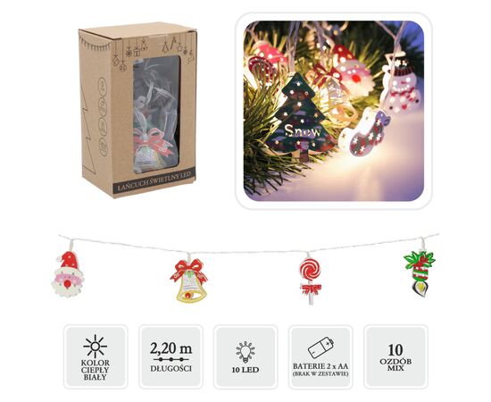 Гирлянда Chomik Новорічні атрибути 10 LED теплий білий, IP20, 2хАА (5900779854024)