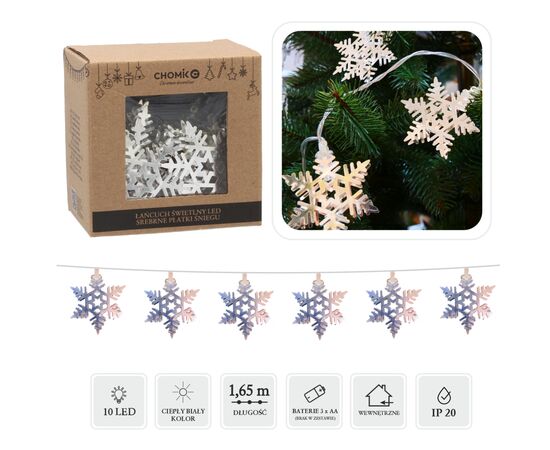 Гирлянда Chomik Сніжинки сталь 10 LED, теплий білий, IP20, 3хАА (5900779881020)