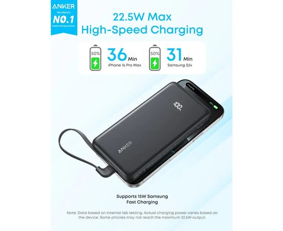 Батарея універсальна Anker 10000mAh, 22.5W, Built-In USB-C Cable, black (A110DH11), зображення 2