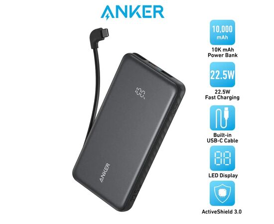 Батарея універсальна Anker 10000mAh, 22.5W, Built-In USB-C Cable, black (A110DH11), зображення 5