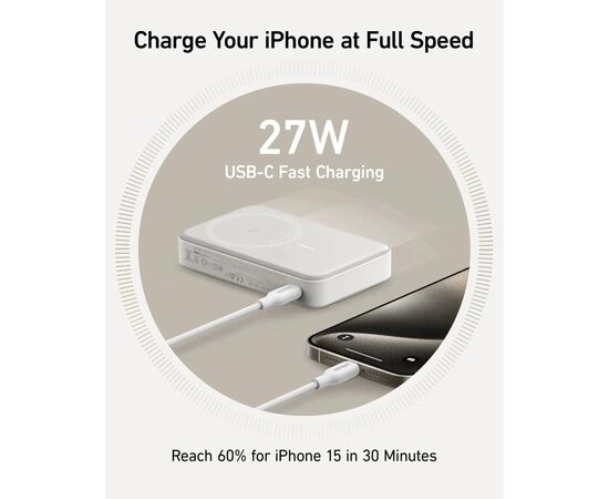 Батарея універсальна Anker MagGo 10000mAh, Qi2/15W, PD, 27W, USB-C, white (A1654G21), зображення 4