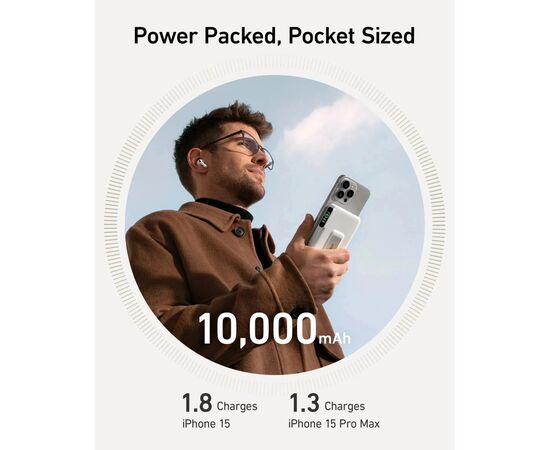 Батарея універсальна Anker MagGo 10000mAh, Qi2/15W, PD, 27W, USB-C, white (A1654G21), зображення 7