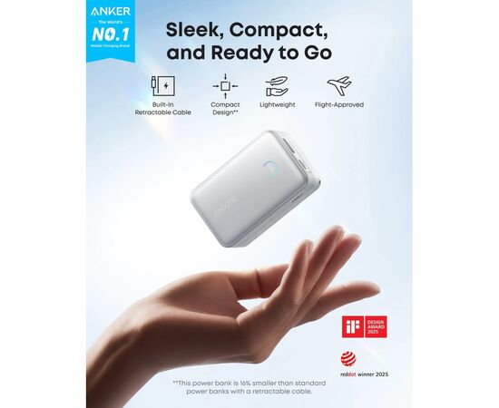 Батарея универсальная Anker Nano 10000mAh, 45W, Built-In USB-C Cable, white (A1638H21), изображение 6