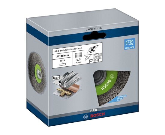 Щітка для електроінструменту Bosch нержавіюча 115мм, 0.3мм, M14 (2.608.622.107), зображення 2