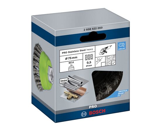 Щітка для електроінструменту Bosch Professional чашкова, нержавіюча 75мм, 0.5мм, M14 (2.608.622.060), зображення 2