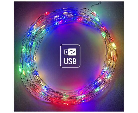 Гирлянда ColorWay Роса LED 100 10 м 8 функций разноцветная USB (CW-G-100L10NUMC), изображение 2