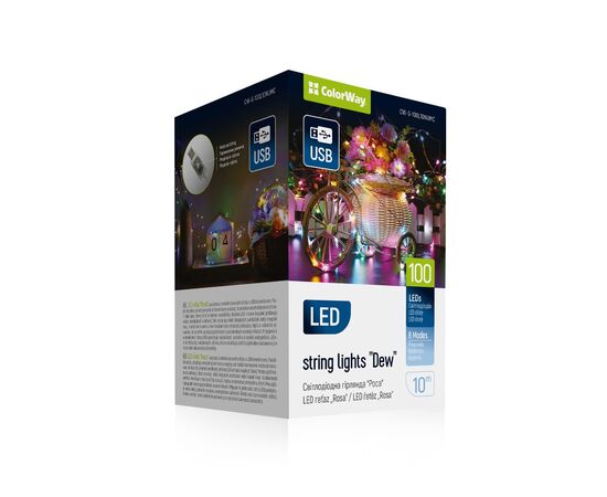 Гирлянда ColorWay Роса LED 100 10 м 8 функций разноцветная USB (CW-G-100L10NUMC)
