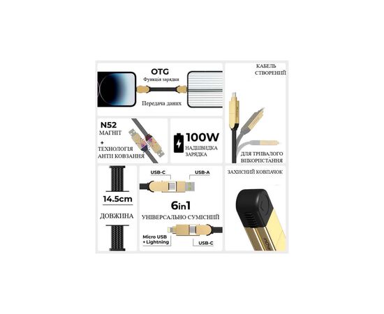 Дата кабель 6in1 inCharge X 0,14m 100W beige Rolling Square (X03WR), зображення 2