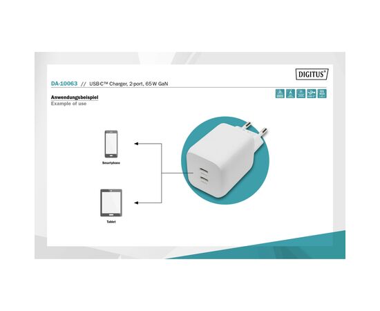 Зарядний пристрій Digitus 2xUSB-C PD65W GaN (DA-10063), зображення 5