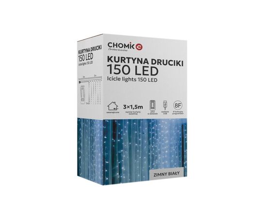 Гирлянда Chomik Штора" 150 LED холодний білий, 3x1,5 м, USB, з пультом, IP20, від мережі (5900779898493)