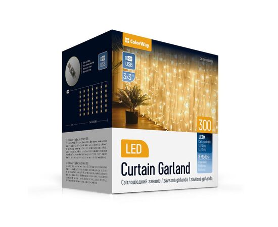 Гірлянда ColorWay Штора завіса 3 x 3 м 300 LED USB теплий колір (CW-GW-300L33U)