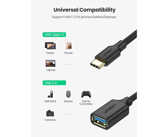 Перехідник OTG USB 3.0 AF to USB-C US154 black Ugreen (30701), зображення 2
