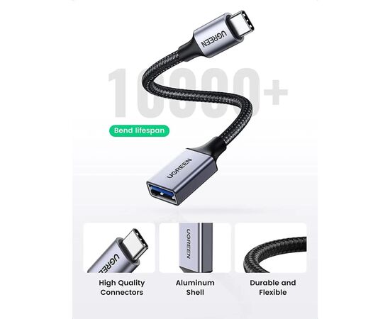 Переходник OTG USB 3.0 AF to USB-C 0.1m US378 black UGREEN (70889), изображение 3
