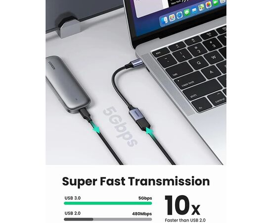 Переходник OTG USB 3.0 AF to USB-C 0.1m US378 black UGREEN (70889), изображение 5