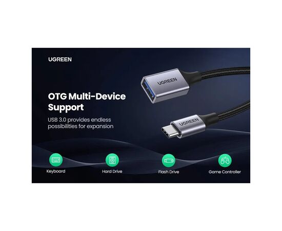 Переходник OTG USB 3.0 AF to USB-C 0.1m US378 black UGREEN (70889), изображение 9