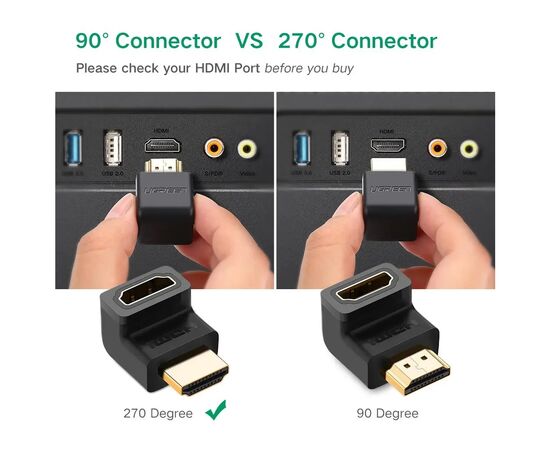 Переходник HDMI M to HDMI F 90° corner UP HD112 black UGREEN (20110), изображение 2