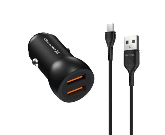Зарядное устройство Grand-X 2,4A, 12-24V, 2USB + cable USB -> TypeC, Cu, 1m (CH-26TC)
