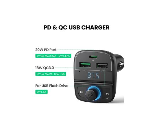 FM модулятор Ugreen CD229 Bluetooth Car Charger (5.0+PD+QC3.0+USB Flash Drive+TF (CD229), изображение 3