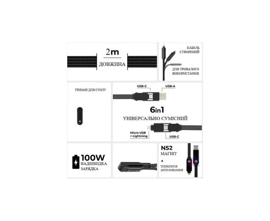 Дата кабель 6in1 inCharge XL 2.0m black Rolling Square (XLM01R), зображення 4