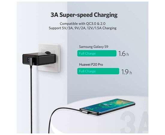 Дата кабель USB 2.0 AM to USB-C 3.0m 3A 90° corner US176 black Ugreen (70875), изображение 8