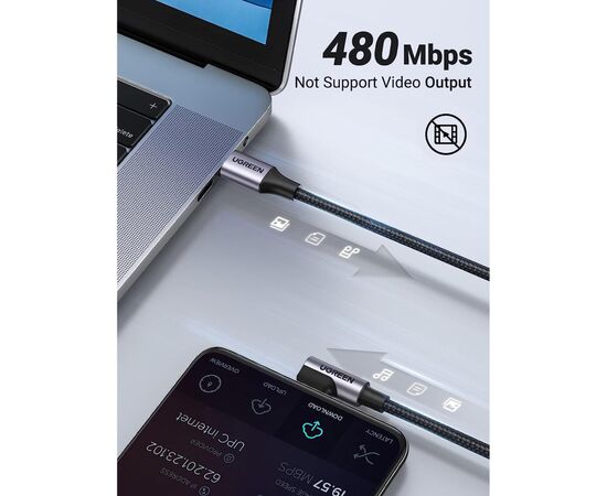 Дата кабель USB-C to USB-C 0.5m 3A 60W 90° corner US255 black/gray Ugreen (50122), изображение 4