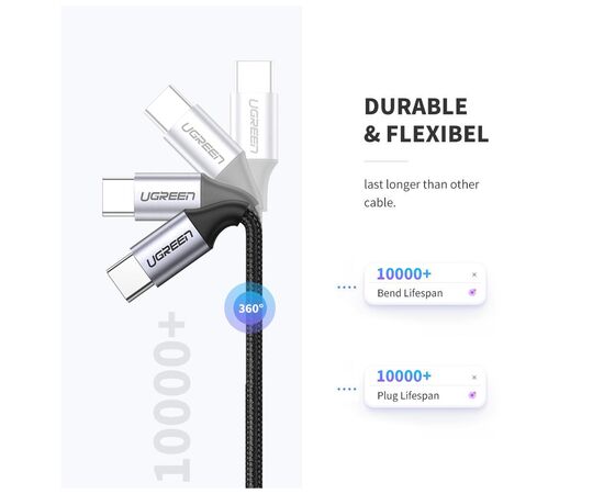 Дата кабель USB-C to USB-C 0.5m 3A 60W US261 black/gray Ugreen (50149), изображение 5