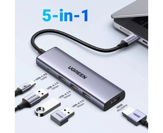 Концентратор Ugreen USB-C to HDMI + 3xUSB 3.0 + PD CM511 gray (15596), изображение 4