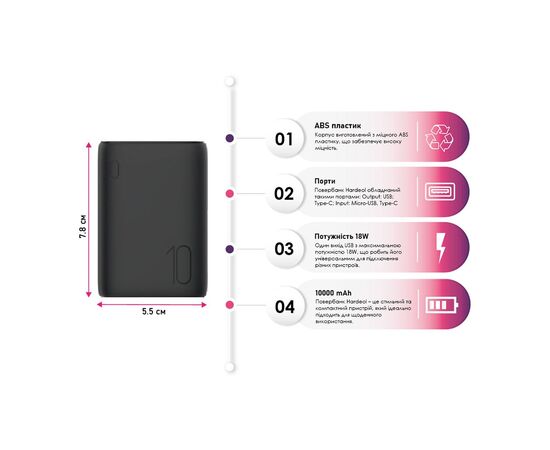 Батарея універсальна TheGeneral 10000mah Hardeol, QC/3.0/18W (40012419-01), зображення 4