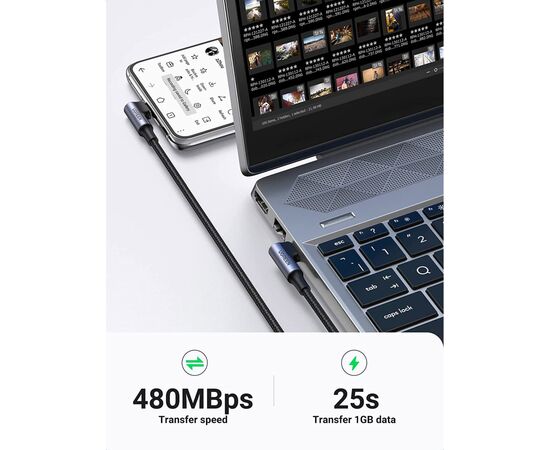 Дата кабель USB-C to USB-C 1.0m 100W (20V/5A) 90° corner braided black Ugreen (70696), изображение 2