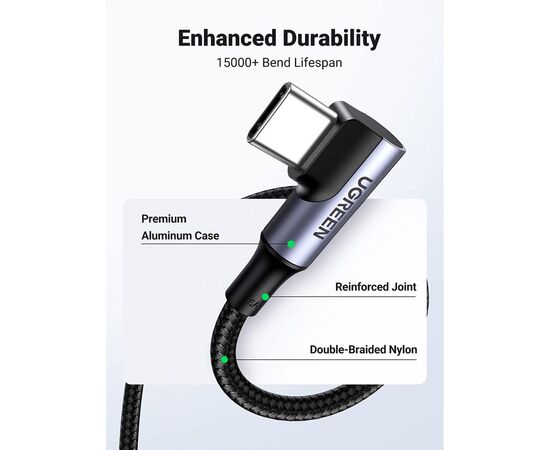 Дата кабель USB-C to USB-C 1.0m 100W (20V/5A) 90° corner braided black Ugreen (70696), изображение 4