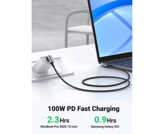 Дата кабель USB-C to USB-C 1.0m 100W (20V/5A) 90° corner braided black Ugreen (70696), изображение 5