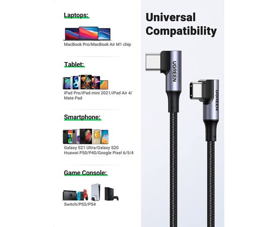 Дата кабель USB-C to USB-C 1.0m 100W (20V/5A) 90° corner braided black Ugreen (70696), изображение 7