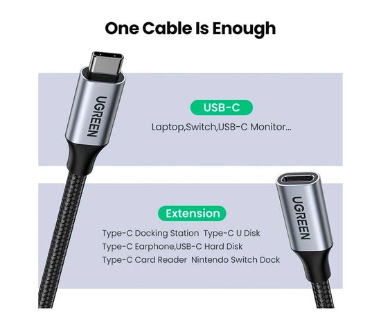 Дата кабель USB-C M/F 0.5m 5A USB 3.1 Gen2 10Gbps black Ugreen (80810), изображение 10