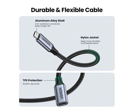 Дата кабель USB-C M/F 0.5m 5A USB 3.1 Gen2 10Gbps black Ugreen (80810), изображение 11