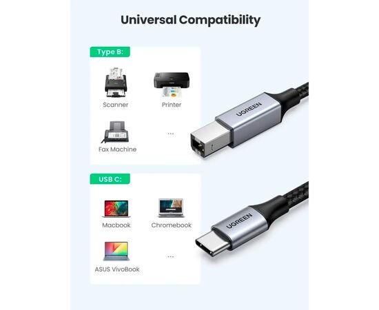 Кабель для принтера USB-C to BM 1.0m black UGREEN (45034), зображення 2