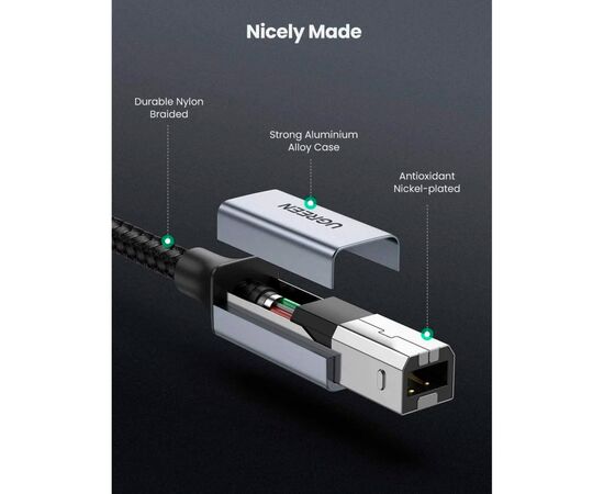 Кабель для принтера USB-C to BM 1.0m black UGREEN (45034), зображення 7