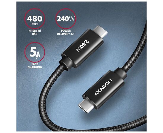 Дата кабель USB-C to USB-C 1.0m USB 2.0 PD 240W 5A black AXAGON (BUCM2-CM10AB), зображення 3