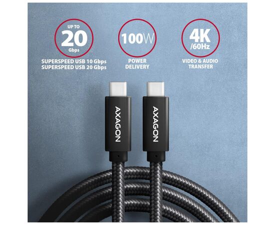 Дата кабель USB-C to USB-C 1.0m USB 3.2 Gen 2 PD 100W 5A 4K black AXAGON (BUCM32-CM10AB), зображення 4