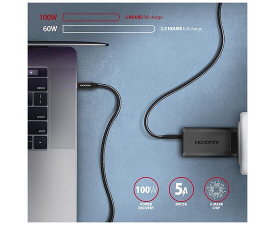 Дата кабель USB-C to USB-C 2.0m USB 3.2 Gen 2 PD 100W 5A 4K black AXAGON (BUCM32-CM20AB), зображення 6