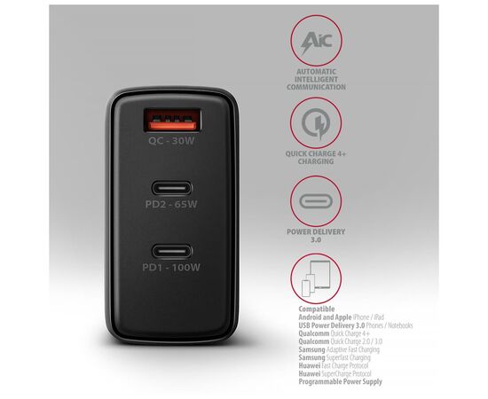 Зарядний пристрій AXAGON 1xUSB + 2xUSB-C 100W QC4+ PD3.0 PPS black (ACU-DPQ100), зображення 5