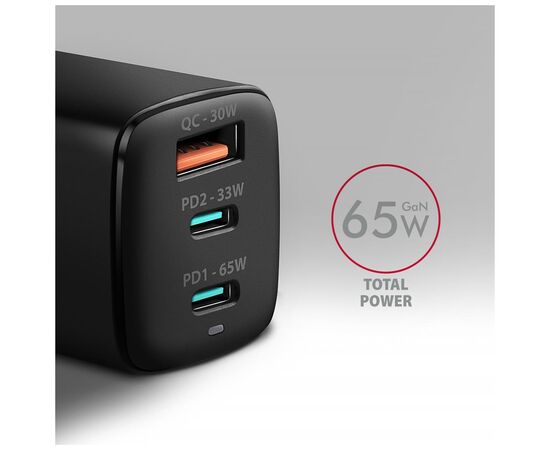 Зарядний пристрій AXAGON 1xUSB + 2xUSB-C 65W QC4+ PD3.0 PPS black (ACU-DPQ65), зображення 3