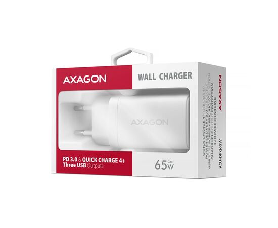 Зарядний пристрій AXAGON 1xUSB + 2xUSB-C 65W QC4+ PD3.0 PPS white (ACU-DPQ65W), зображення 2
